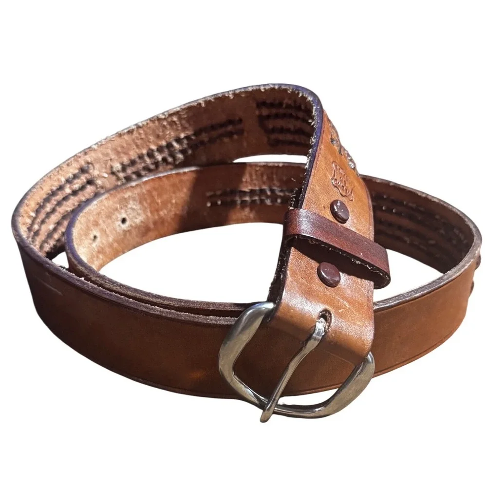 Hand Tooled Vintage Belt Mens 38 Tan Woven Inlay Made in Mexico Thick Leather